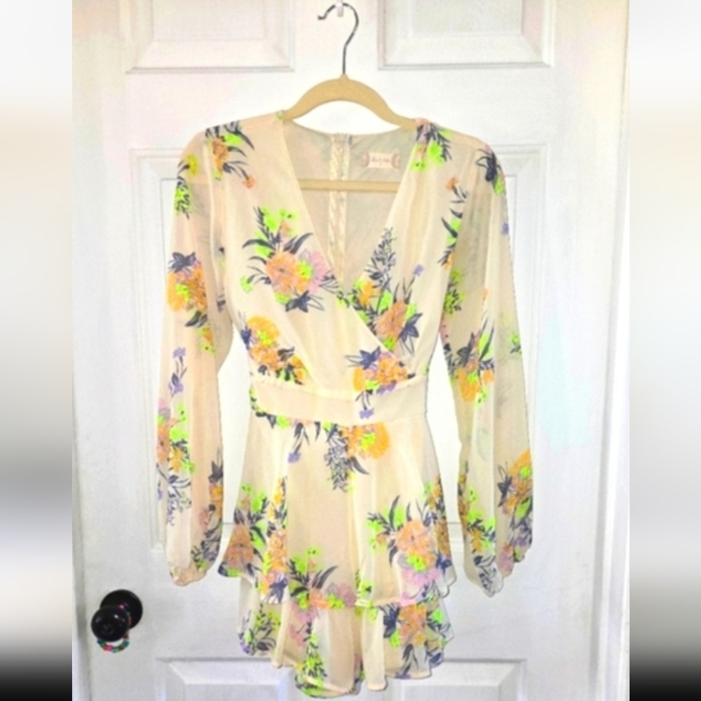 Altar'd State Ivory Floral Long Sleeve V Neck Ruffle Romper - Picture 12 of 12